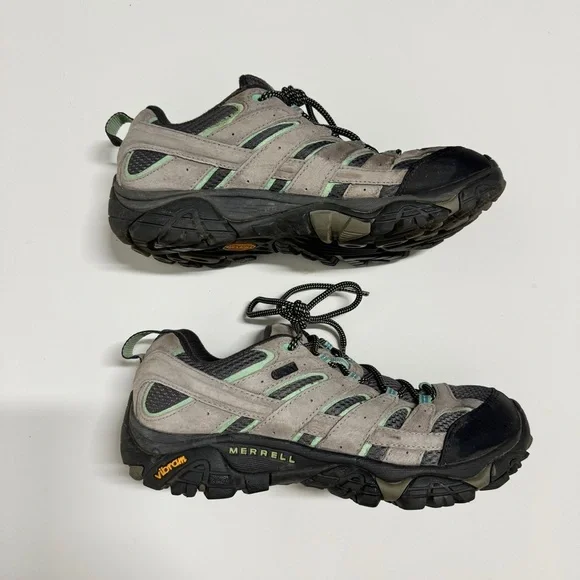 Merrell - Women's Moab 2 Waterproof Lace Up Hiking Shoe in Gray & Mint Green - Picture 2 of 9